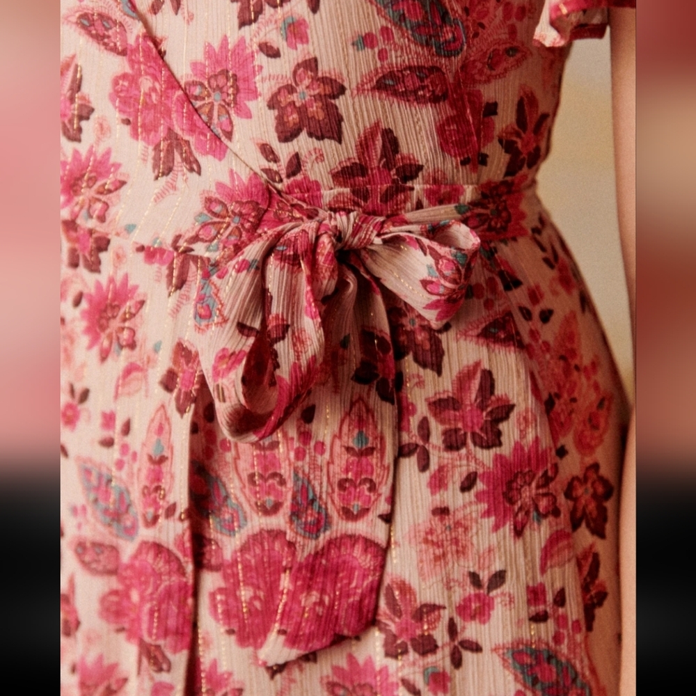 Sezane Sarah Pink Floral Midi Wrap Dress - Picture 6 of 15